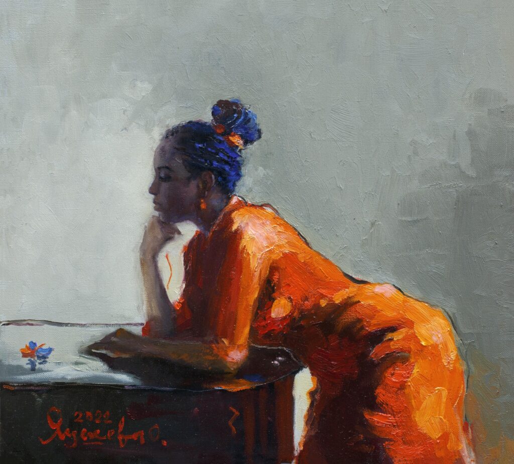 Яушева О.Р. Девушка в красном. The Lady in Red. (Линесса). Холст, масло. 57,5х65,5. 2022.