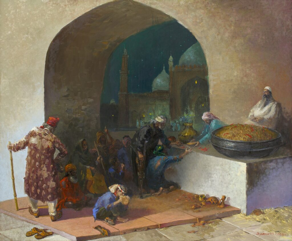 Яушева О.Р. После вечернего Намаза. Милостыня. Холст, масло. 160х190. 2023.